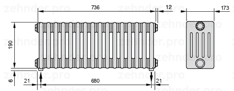 Схема (чертеж) Радиатор Zehnder Charleston 5019/16 №3570 Белый глянцевый RAL 9016